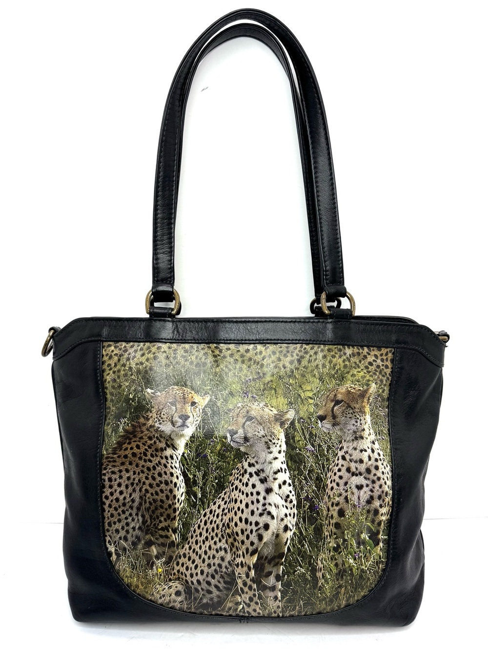 Icon Handcrafted USA Cow Leather Cheetah Art Tote Shoulder Bag Black